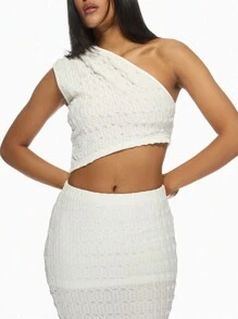 MISSGUIDED 单肩短款上衣罗纹针织夏季节日不对称无袖派对俱乐部晚会弹力修身纹理时尚上衣 - 白色 - 查看 3