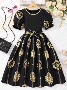 Tween Girl Retro Pattern Elegant Fashion Outfit Set - Black - View 1