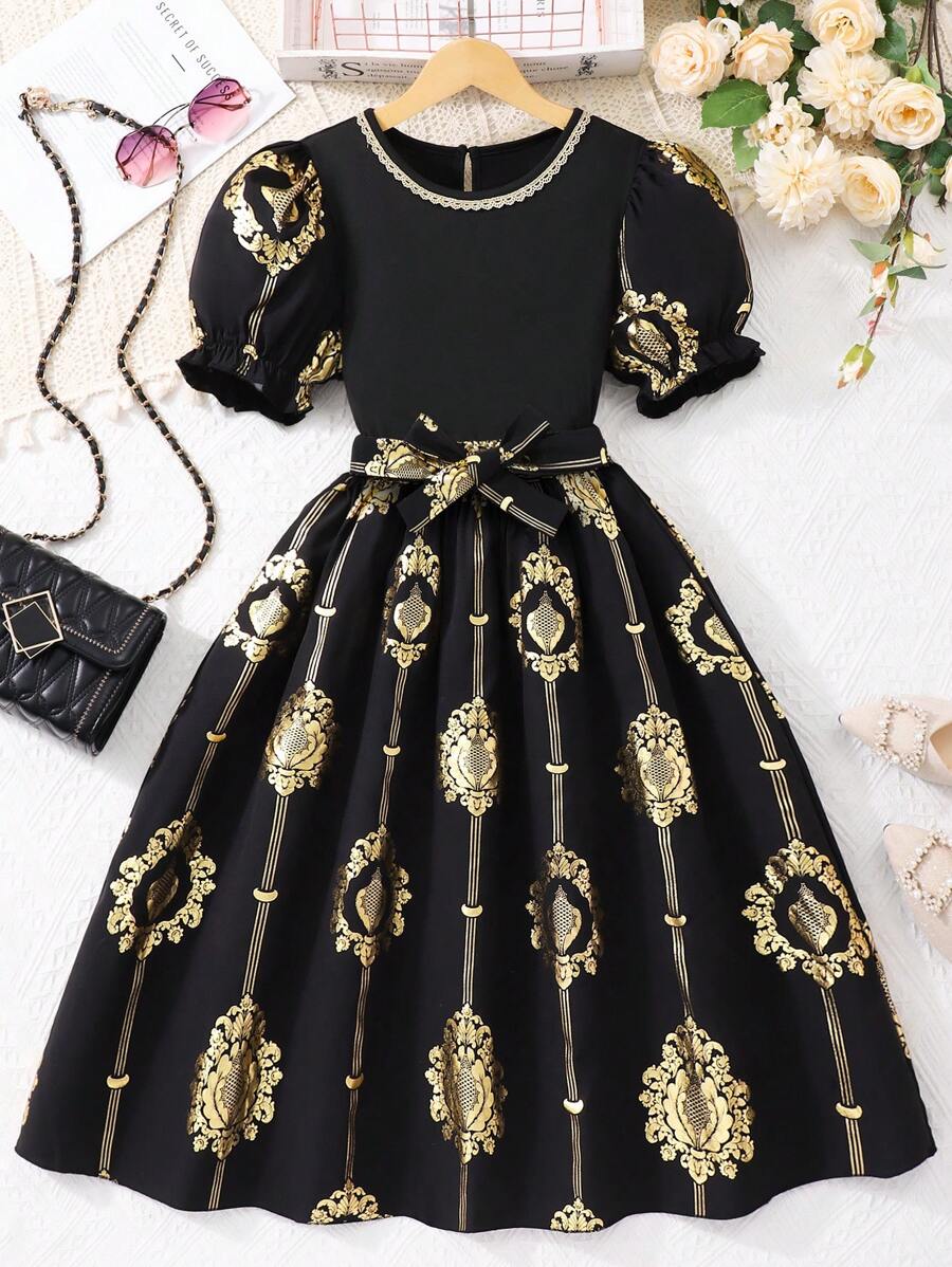 Tween Girl Retro Pattern Elegant Fashion Outfit Set - Black - View 1