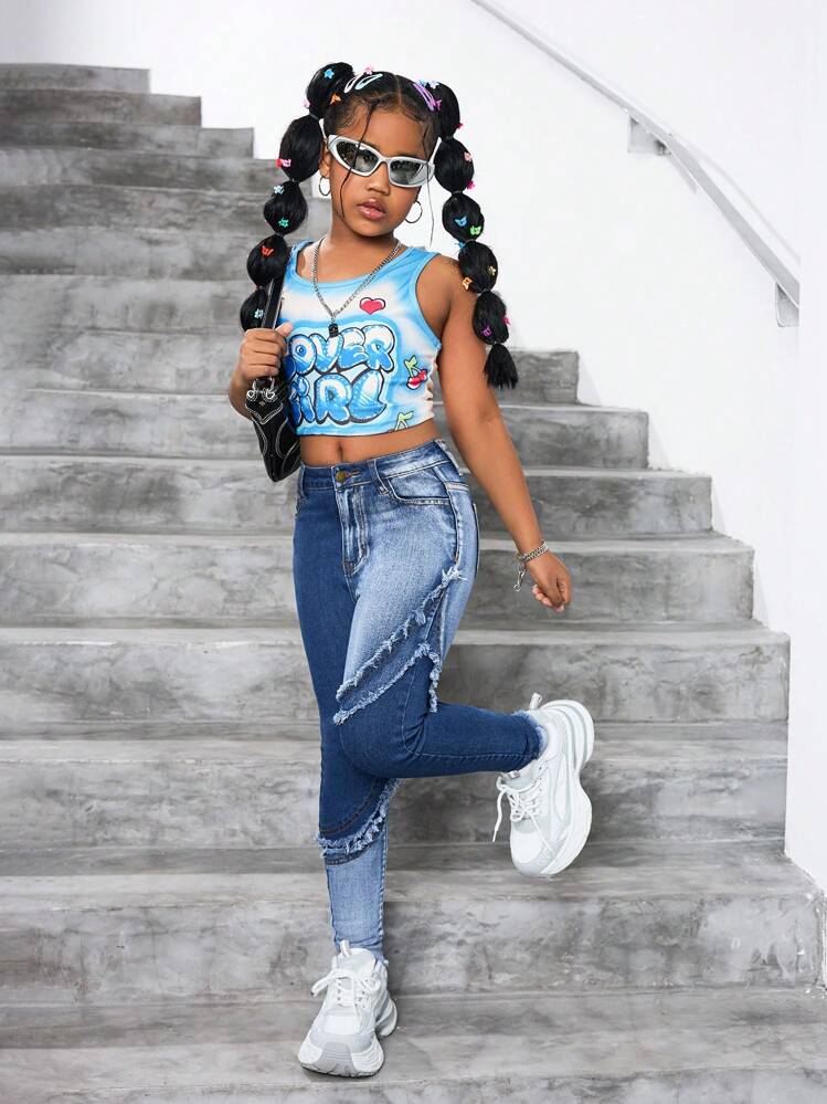 Jeans Larges Filles Taille Haute Élastique - Broderie Cœur Vintage Y2K Streetwear - 4 à 14 Ans