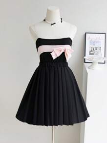 2pcs/Set Tween Girl Black & Pink Spaghetti Strap Camisole Ruffles & Bow Detail Paired With Black Pleated Skirt, Spring/Summer - Multicolor - View 4