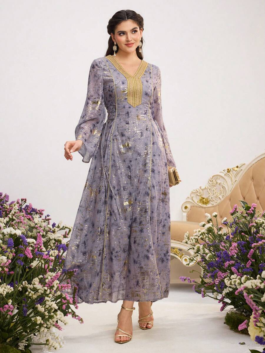 Al Najma Women Elegant Arabic Style Long Sleeve Gold Foil Pattern Patchwork Dress, Arabian Dresses