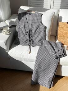 Comfortcana Conjunto de 2 piezas de mujer con blusa sin mangas con lazo frontal y pantalones de pierna ancha a cuadros