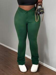 Slaydiva Nuevas mallas ajustadas de talla grande para mujer 2025 Curve con detalles retorcidos en color verde sólido, para uso casual/deportivo/al aire libre