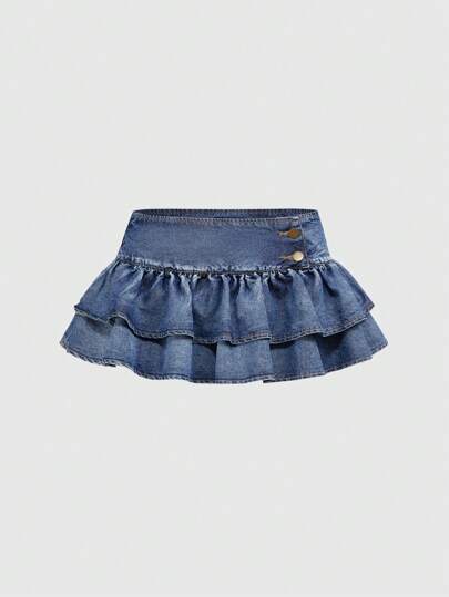 Grunge Punk Blue Vintage Y2K Millennium Style Ultra-Low Waisted Extremely Sexy Double-Layer Ruffle Hem Mini Denim Skirt