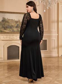 Modelyn Đầm dài tay tối giản cổ tim ren chắp vá cỡ lớn - màu đen - Xem 2