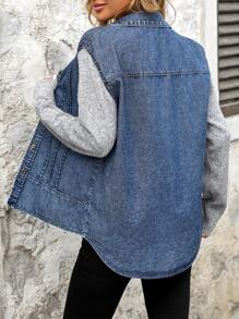 SHEIN LUNE Women's Contrast Color Knitted Sleeve Patchwork Denim Shirt Top Fall Cloth For Women - Blue - View 2