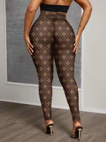 Slaydiva 大码经典花卉印花修身打底裤，休闲日常穿着 - 白色 - 查看 2