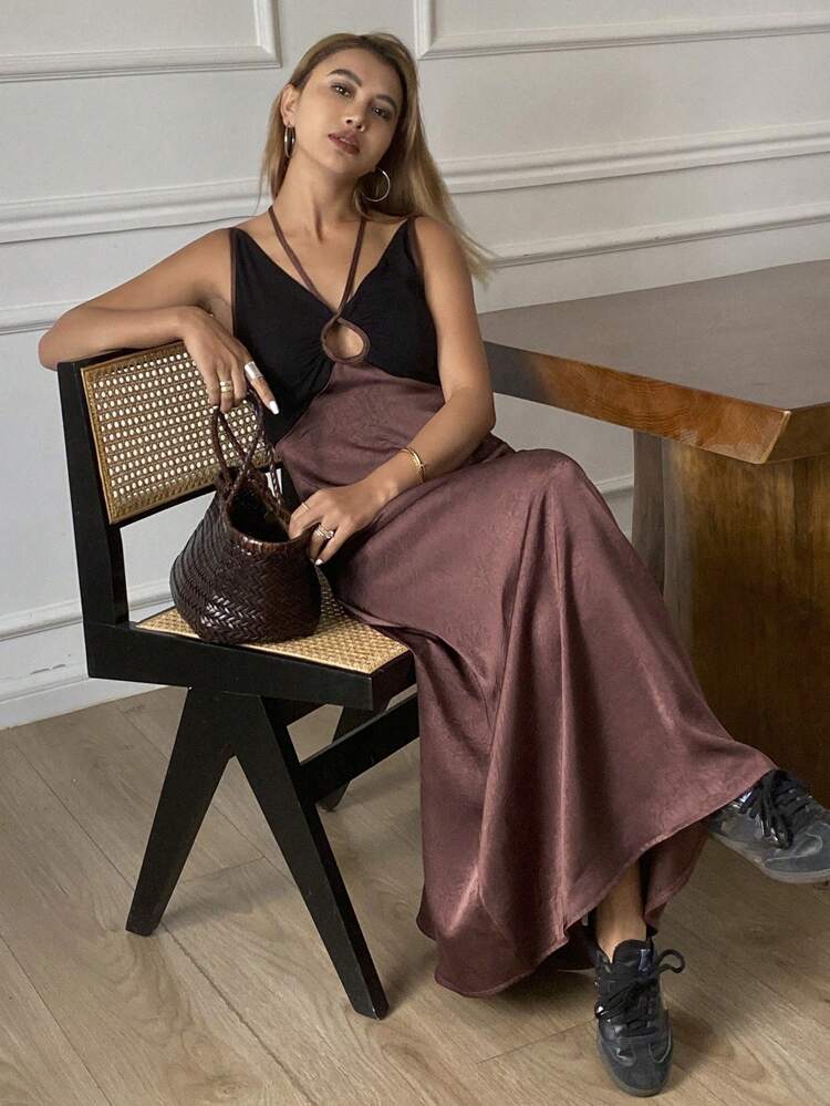 Women's Colorblock Lace-Up Hollow Out Back Dress, Spring/Summer Vacation Long Dress,Casual Women Dresses