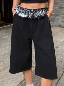 DAZY Hippie Patchwork Plaid Floral Trim Straight Leg Women Denim Shorts For Spring Summer - Black - View 3