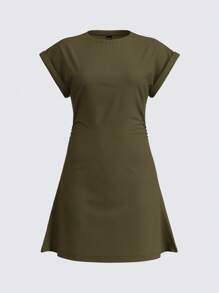 SHEIN BASICS 纯色针织圆领短袖侧抽绳女式迷你休闲连衣裙 - 軍綠色 - 查看 5
