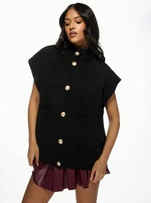 MISSGUIDED Luxury Oversized Button-Front Sweater Vest Designer Gold Button Sleeveless Cardigan Mock Neck Winter Fall Fashion Knitwear Classic Layering Piece - Black - View 4