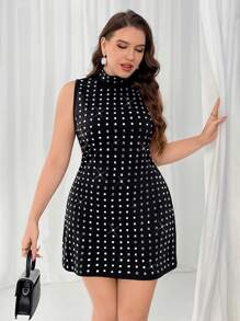 Firerie Plus Size Sparkling Rhinestone Embellished Knit Short Party & Festival Dress, Black - Black - View 1