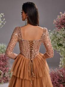 Glamrae 优雅卡其色奢华亮片对比网眼透明长袖紧身胸衣，搭配奢华笼状分层美人鱼下摆、侧高开衩、可调节系带后背、正式晚礼服 - 卡其色 - 查看 6