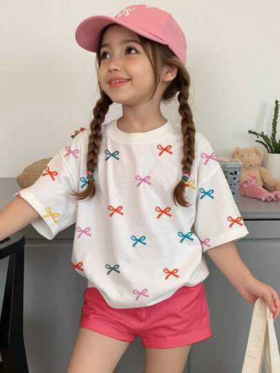 SHEIN Leap Crew Cute & Sweet Colorful Hand-Painted Bow Print 2pcs Set, Pink, Young Girl Casual Shorts & Short Sleeve Top Outfit, Suitable For Summer