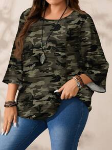 EMERY ROSE Plus Size Women Camouflage Pattern Printed Casual Loose Fit 3/4 Sleeve Blouse, Suitable For Spring & Summer Fall Clothes Chic Blouses For Women - Army Green - View 2
