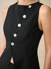 BizChic Black Office Wear For Women, Crew Neck Sleeveless Asymmetrical Tank Top & Long A-Line Skirt Spring/Summer Suit - Black - View 4