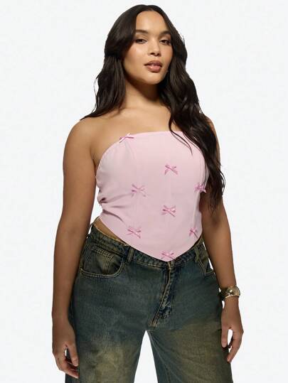 MISSGUIDED PLUS Corset con detalle de lazo sin tirantes de talla grande, colección Sweet Romance, bustier de fiesta para ocasiones especiales, cita de San Valentín, bustier corto con adorno de lazo rosa