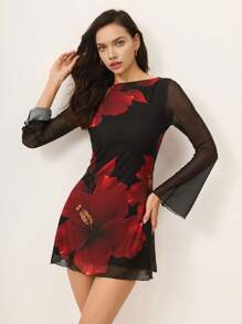 Poéselle Women Long Sleeve Floral Print Slim Fit Short Dress,Sexy Sheer Sleeve Floral Dress - A Must-Have For Summer Parties, Old Money Aesthetic