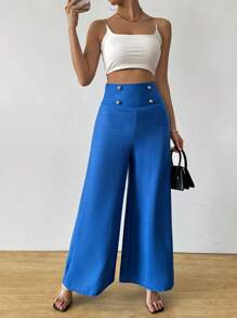 SHEIN Clasi Celana Panjang Wanita Elegan Pinggang Tinggi Slim Fit Kaki Lebar Warna Biru untuk Musim Gugur - Biru - View 3