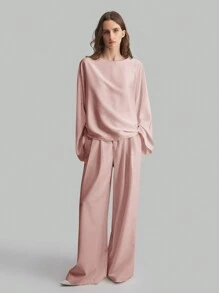 Ontre Blusa elegante de estilo minimalista y casual de negocios con mangas anchas de material de satén para mujeres, cuello barco de seda de moral rosa de manga larga, otoñal de vuelta al colegio 2025