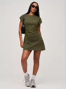 SHEIN BASICS 纯色针织圆领短袖侧抽绳女式迷你休闲连衣裙 - 軍綠色 - 查看 3