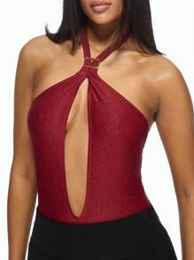 MISSGUIDED 闪光吊带单件泳衣，锁孔镂空细节，低胸领口，派对海滩度假，夏季假日，泳池游泳 - 紅色 - 查看 5