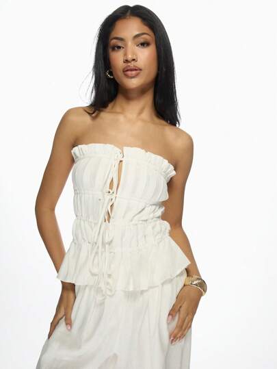 MISSGUIDED Elegant Pleated Bandeau Summer Top Ruched Tie Front Strapless Evening Party Club Wear Date Night Casual Beach Vacation Blouse