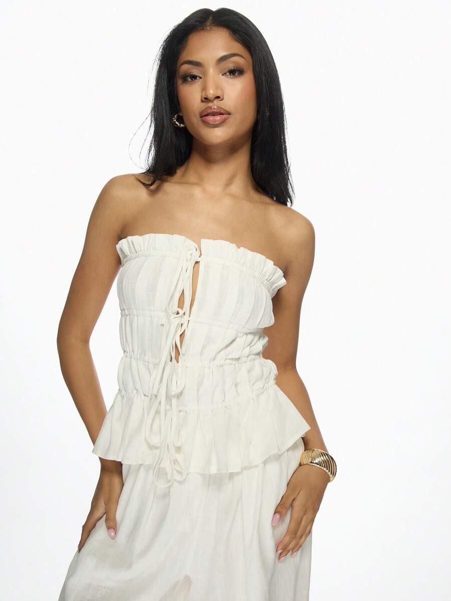 MISSGUIDED Elegant Pleated Bandeau Summer Top Ruched Tie Front Strapless Evening Party Club Wear Date Night Casual Beach Vacation Blouse - White - View 1