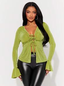SHEIN SXY Early Spring Forest Green Top With Bowknot Collar And Flare Long Sleeves