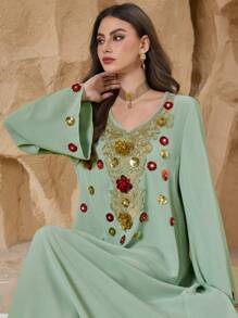 Al Najma Women's V-Neck Pullover Elegant Floral Tunic, Turkish & Arabian Traditional Long Dress, Spring/Summer, Kaftan & Jalabiya, Luxury Evening Dresses For Women - Mint Green - View 5