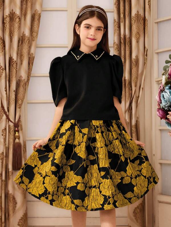 SHEIN Blusa con mangas abullonadas y falda plisada con estampado floral de jacquard para niñas preadolescentes