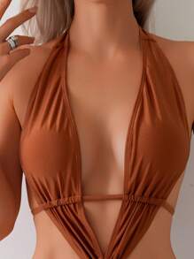 Swim SXY Ladies' Backless Pleated Knot Wireless Halter Neck One-Piece Swimsuit, Solid Color, Sexy Vacation Beach