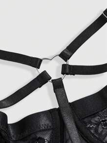 ROMWE 3pcs/Set Goth Lace Underwire Bra, G-String And Garter Belt Sexy Lingerie Set - Black - View 3