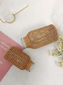 1pc Woven Cylindrical Glass Vase, Home Desktop Decorative Planter - Brown - View 9