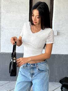 SHEIN Unity Women's Elegant Romantic Casual Lace Short Sleeve T-Shirt, Spring & Summer - White - View 3