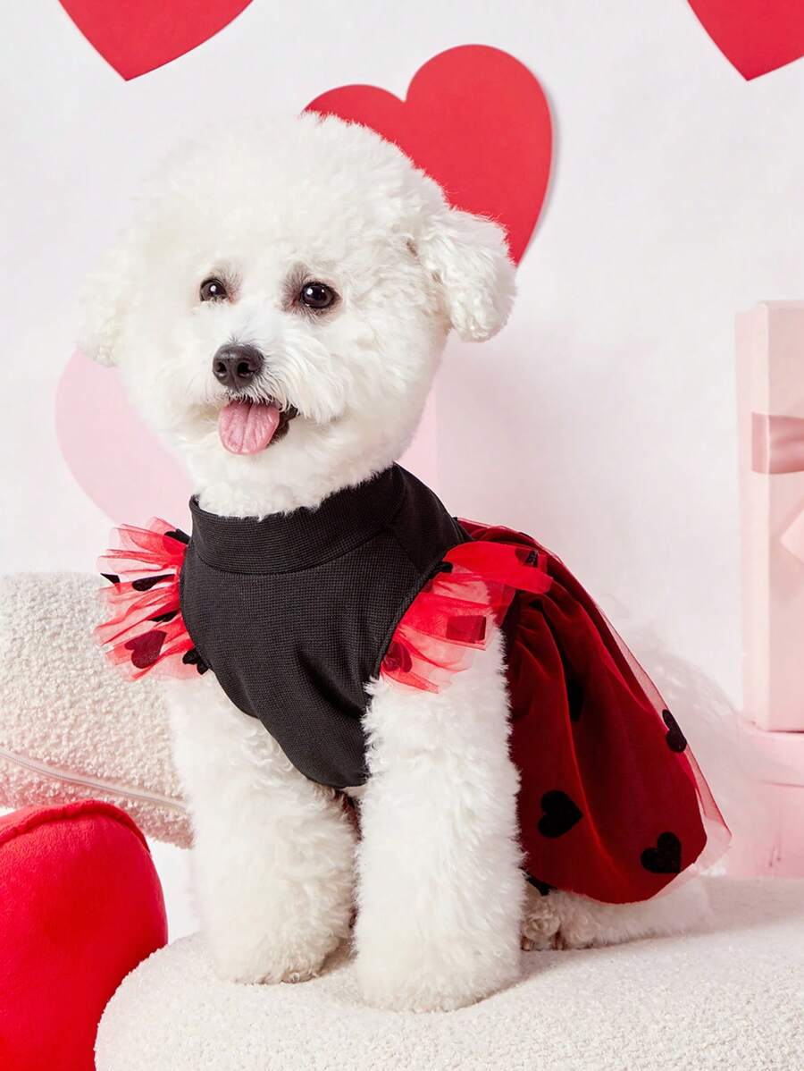 PETSIN 1pc Pet Dog Black Knit Patchwork Red Heart Flocked Mesh Cap Sleeve Princess Dress - Black - View 1