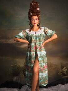 PinupPomp Vintage Palace Lace Print Long Robe With Mid-Length Sleeves, Women Nightgown - Green - View 5