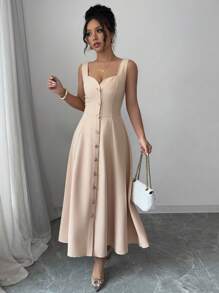 Elenzga Vestido elegante francés de mujer de corte princesa con cintura ceñida y espalda descubierta, para primavera y verano - Caqui - Ver 5