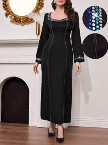 Modelyn Fashionable Luxury Rhinestone-Embellished Long Dress For Women - Black - View 1