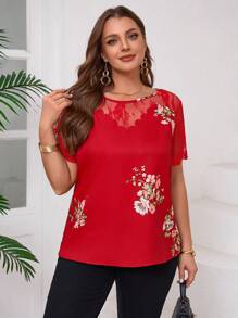 SHEIN Clasi 大码女式夏季蕾丝花卉撞色网眼短袖衬衫