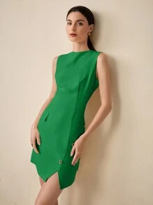 BizChic 2025 Summer New Green Non-Metal Buckle Regular Dress, Ladies Summer Business Casual Daily Commute Elegant Beach Holiday Suitable For Wedding Guests, Country Music Festival, Brunch, Airport Outfit - Green - View 4