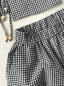 Comfortcana Conjunto de 2 piezas de mujer con blusa sin mangas con lazo frontal y pantalones de pierna ancha a cuadros