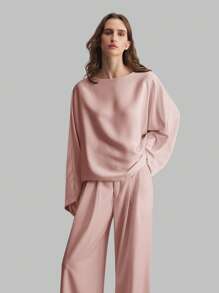 Ontre Blusa elegante de estilo minimalista y casual de negocios con mangas anchas de material de satén para mujeres, cuello barco de seda de moral rosa de manga larga, otoñal de vuelta al colegio 2025