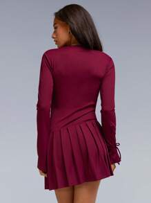 Athîral Đầm mini đơn sắc giản dị có khóa kéo phía trước, viền xếp ly cho nữ - Màu Đỏ Sâu - Xem 4