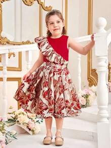 Vestido midi floral asimétrico de jacquard para niñas, elegante para fiestas y eventos, verano