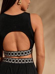 Vixey Decorative Band Cut Out Back Cropped Tank Top, Summer Tops, Boho, Boho Women Clothing, Beach Outfits For Women, Summer Outfits For Women, Spring Outfits For Women, Island Vacation Outfits - Black - View 3