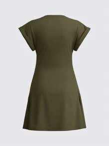 SHEIN BASICS 纯色针织圆领短袖侧抽绳女式迷你休闲连衣裙 - 軍綠色 - 查看 6