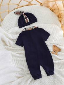 2pcs/Set Newborn Baby Boy Collegiate Style Color-Block Short Sleeve Romper And Long Pants With Hat, Casual & Versatile, All Season