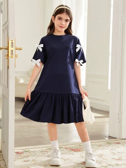 SHEIN Tween 女童蝴蝶结装饰宽松 A 字形圆领短袖休闲 T 恤连衣裙